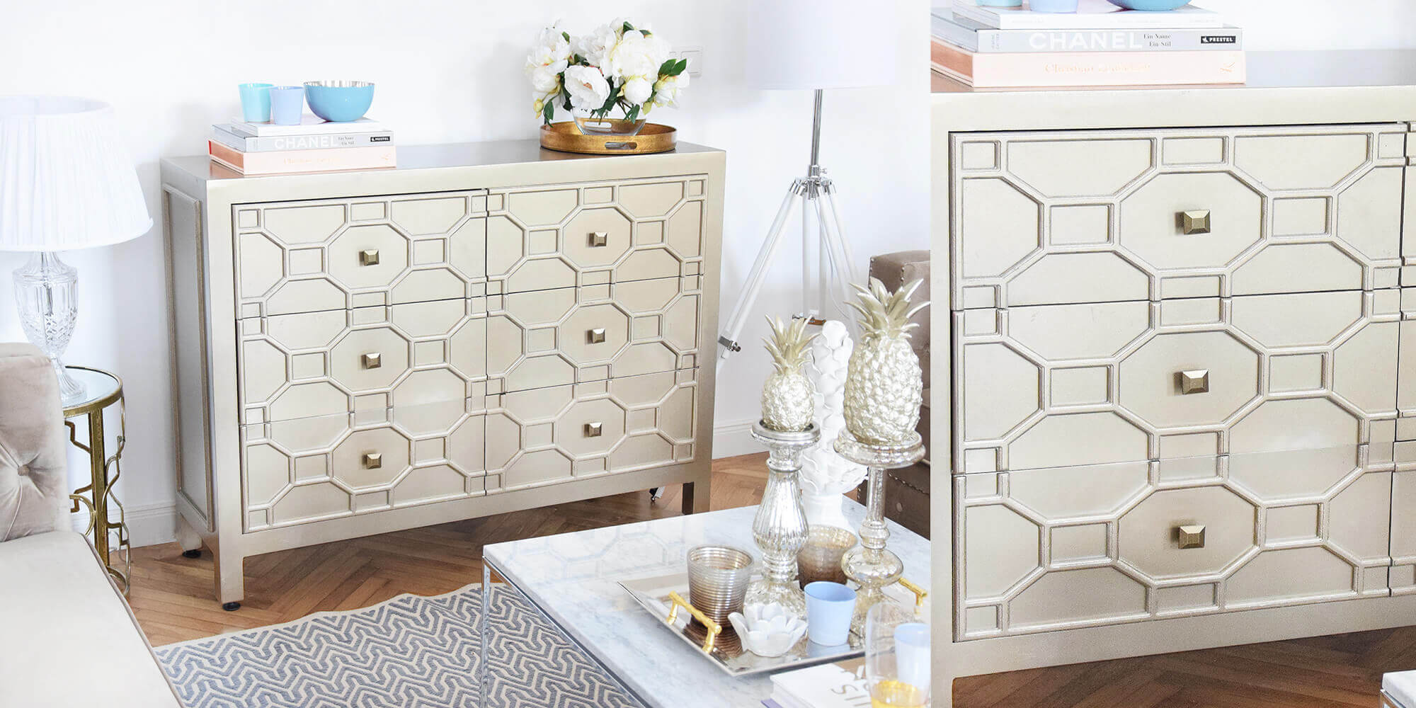 Goldenes Highlight: Kommode mit geometrischem Muster im Artdeco Stil