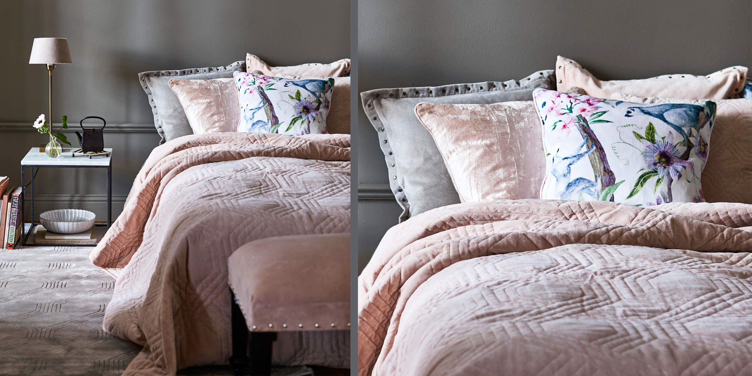 Blush Pink Velvet Schlafzimmer