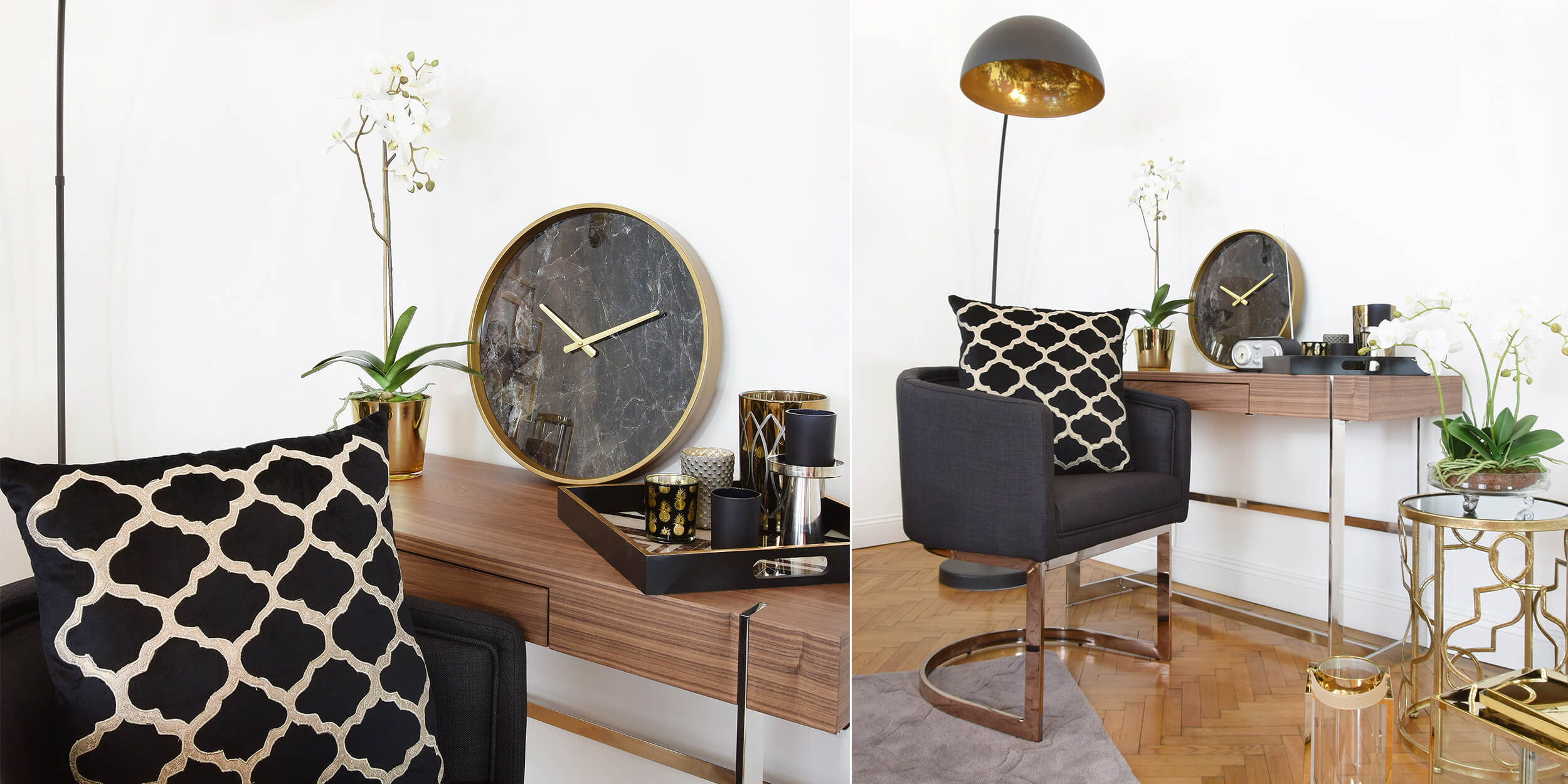 Elegant Workspace: Gold & Schwarz meets Holz & Chrom 