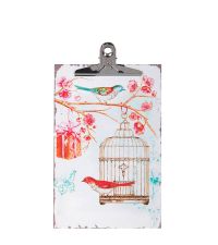 süßes Clipboard mit Blüten und Vogelmotiven weiß pink & türkis