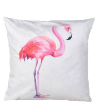 weißes Samtkissen mit pinkem Flamingo-Motiv