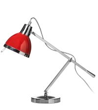 schwenkbare Schreibtischleuchte aus Chrom mit rotem Lampenschirm