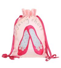Schuhbeutel Turnsackerl aus Satin rosa mit Ballettschuh-Motiven