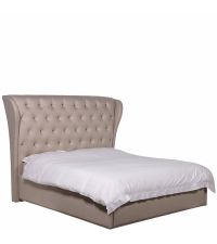 großes Polsterbett mit sehr hohem Betthaupt mit Ohren & Knopfheftung beige