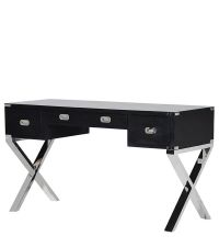 eleganter Schreibtisch aus matt schwarzem Holz mit Nieten & Chromfüßen