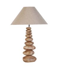 hohe Tischlampe mit beigem Leinenschirm und Keramikfuß in Stein-Optik