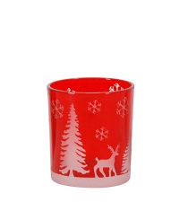 kleines weihnachtliches Teelichtglas mit Tannenbäumen Schneeflocken und Rentieren