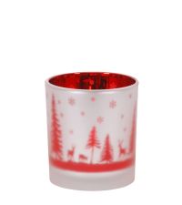 Teelichtglas matt weiß & rot mit Schneesternen Tannenbäumen und Rentieren