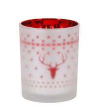 großes Teelichtglas rot/weiß frozen mit Hirschmotiv & Sternen