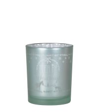 winterliches Teelichtglas  'Merry Christmas' mit Verzierung mint & silber