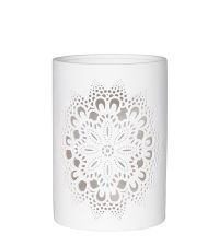 großes weißes Teelichtglas aus Kerarmik mit Ornament-Lochmuster