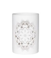 großes weißes Teelichtglas aus Kerarmik mit Ornament-Lochmuster