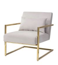 trendiger Armlehnstuhl mit goldenem Rahmen aus Edelstahl & Samtbezug in hellgrau