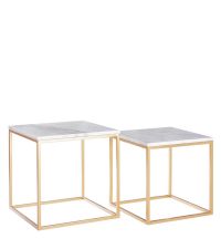 2er-Set quadratische Beistelltische, Tischplatte aus weißem Marmor, Rahmen aus goldenm Metall