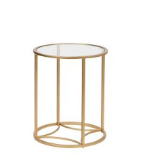 runder Beistelltisch, Tischplatte aus klarem Glas getragen vom zarten goldenen Metallrahmen