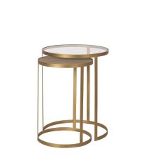 elegantes 2er-Set Beistelltische mit matt goldenem Metallrahmen, Tischplatten aus Glas & Wiener Geflecht