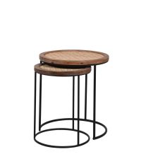2er-Set runde Beistelltische mit Holzrahmen & Tischplatte aus Rattan