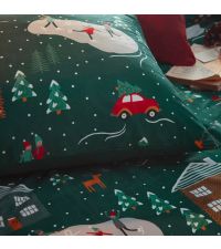 dunkelgrüne Kinder Weihnachtsbettwäsche mit süßer Winterlandschaft aus weichem Fleece