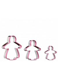 drei rosa Keksausstecher in Lebkuchenfrau-Form