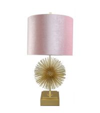 Tischlampe mit goldenem Chromfuß in strahlender Sonnenschein-Optik und rosa Samt-Lampenschirm in Zylinder-Form