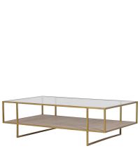 eleganter, rechteckiger Couchtisch mit matt goldenem Metallrahmen, Tischplatten aus Glas & Wiener Geflecht