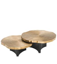zwei Couchtische mit schwarzem Fuß & unregelmäßiger, strukturierter Tischplatte aus Messing, Eichholtz