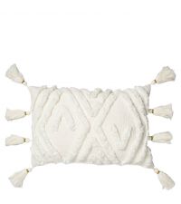 handgefertigte, längliche Kissenhülle aus Baumwolle im Boho-Style mit Fransen, naturweiß