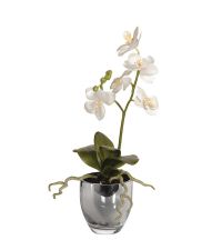 kleine weiße, künstliche Orchidee in schimmerndem Topf, silber