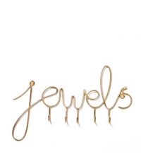 Schmuckhalterung mit geschwungenem, goldenen Schriftzug 'jewels' mit 5 Haken aus zartem Draht