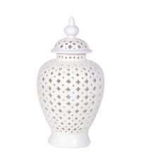 große, bauchige Vase mit Deckel und Stanz-Muster, weiß 
