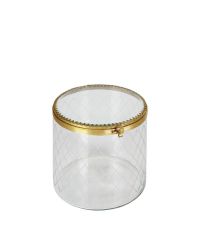 runde, hohe Schmuckdose aus transparentem Glas mit zartem Rautenmuster und goldenem Metallverschluss