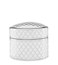 runde, weiße Keramikdose mit Glanz-Finish und silbernem Trellis-Muster, hoch