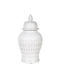 kleine Keramikdose mit Deckel und erhabener, geometrischer Verzierung in hellgrau & weiß