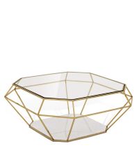 Couchtisch aus klarem Glas mit zartem goldenen Rahmen, Boden aus weißem Marmor, Eichholtz