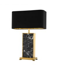 Tischlampe auf schwarzem Marmorfuß mit goldenem Messingrahmen und schwarzem Samt-Lampenschirm von Eichholtz