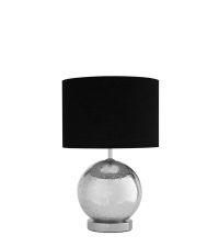 Tischleuchte mit silbernem Glaskugel-Fuß und schwarzem Lampenschirm