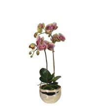 künstliche Orchidee in goldenem Keramiktopf, Orchideengesteck altrosa