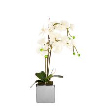 Kunstblumengesteck in metallischem Keramiktopf, künstliches Orchideengesteck weiß & silber