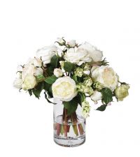 Kunstblumengesteck aus weißen Rosen & Hopfen mit Zylindervase