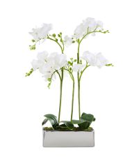 Orchideen-Kunstblumengesteck in länglichem, metallischen Topf, weiß & silber