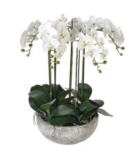 riesiges, künstliches Orchideengesteck mit weißen Blüten mit grauem Topf in Stein-Optik