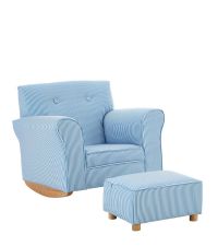 Kinder-Set Schaukelstuhl & Hocker, Kinderstuhl mit hellblau weiß gestreiftem Stoffbezug