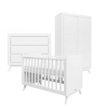 Babyzimmer 3er-Set Babybett, Kleiderschrank & Kommode aus weißem Holz im Retro-Style