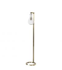 schlanke Stehlampe mit goldenem Lampenfuß und tropfenförmigem Lampenschirm aus klarem Glas