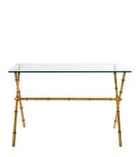 Schminktisch oder kleiner Schreibtisch mit klarer Glasplatte & goldenen Füßen in Bambus-Optik