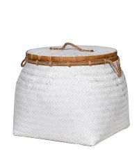 großer Korb mit Deckel aus Rattan, Bambus & Hanfseil, weiß