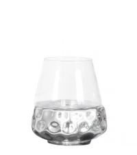 kleine Laterne oder Windlicht mit Aufsatz aus klarem Glas und verchromtem Sockel in Hammerschlag-Optik, silber