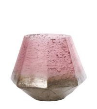 bauchiges, eckig geformtes Windlicht aus Glas mit rosa-goldenem Farbverlauf
