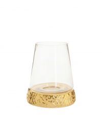 mittelgroße Laterne oder Windlicht mit Aufsatz aus klarem Glas und Sockel in Hammerschlag-Optik, gold