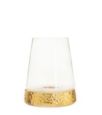 große Laterne oder Windlicht mit Aufsatz aus klarem Glas und Sockel in Hammerschlag-Optik, gold